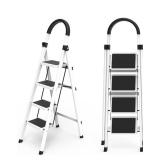 4 Step Ladder, Folding Step Stool with Anti-Slip Pedal & Cushioned Handle - Lightweight Aluminum, Sturdy, Easy Storage for Home, Kitchen, Bathroom, Office, Garage White