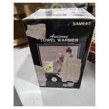 SAMEAT Heated Towel Warmers for Bathroom - Large Towel Warmer Bucket, Wood Handle, Auto Shut Off, Fits Up to Two 40\"X70\" Oversized Towels, White