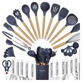 Cooking Utensils Set- 35 PCs Kitchen Utensils with Grater,Tongs, Spoon Spatula &Turner Made of Heat Resistant Food Grade Silicone and Wooden Handles Kitchen Gadgets Tools Set for Cookware
