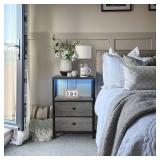 BOLUO Gray Nightstand with Charging Station, LED Night Stand with 2 Fabric Drawers, Bedside Table with USB Ports and Outlets, Nightstand for Bedroom Modern