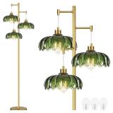 ILLMTW Glass Gold Floor Lamp for Living Room,Bedroom,Mid Century Modern Standing Lamp Brass Tree 3 Light Tall Floor Lamps Vintage Retro Floor Lights Green Flower Lamp Shade Farmhouse Boho Bohemian