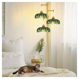 ILLMTW Glass Gold Floor Lamp for Living Room,Bedroom,Mid Century Modern Standing Lamp Brass Tree 3 Light Tall Floor Lamps Vintage Retro Floor Lights Green Flower Lamp Shade Farmhouse Boho Bohemian