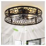 LEDIARY Caged Flush Mount Ceiling Fans with Lights, 23 Inch Farmhouse Low Profile Black Ceiling Fan with Remote, Small Bladeless Fan Lights Ceiling Fixtures for Bedroom, Kitchen- Black