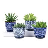 Selamica Ceramic Plant Pots, 4.6 Inch Flower Pots for Indoor Plants, Succulent Pots with Drainage Hole & Saucer, Succulent Planters for Succulent Cactus, Home Decor, Set of 4, Vintage Blue