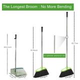 Soft Bristles Green Angle Broom and Dustpan Set, Long Handle Household Indoor Broom with Dustpan Combo Set for Room Kitchen Lobby Office Hardwood Floor Sweeping Floor Cleaning