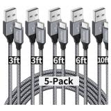 etguuds USB A to USB C Cable 5-Pack (3/3/6/6/10 ft), Fast Charging Type C Charger Cord for iPhone 17 16 15 Pro Max Plus Air, Samsung Galaxy S25 S24 S23 S22 S21 S20 A56 A17 A16, Pixel, Moto G, Gray