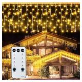 ROSCOO 32.8FT Icicle Lights, Christmas Outdoor with 400LED 75 Drops, IP65 Waterproof Eaves Lights, 8 Modes, for Christmas Eaves Garden Room Decoration Warm White