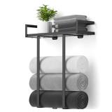 Towel Racks for Bathroom Wall Mounted, Xstydes Metal Towel Holder with Wooden Shelf for Folding Large Towels, Towel Storage for Small Bathroom Organizer Decor or RV Camping, Black