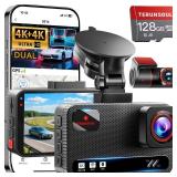 TERUNSOUl 4K+4K Dash Cam Front and Rear, Free 128GB Card Included, 5.8GHz WiFi Dash Camera for Cars, Built-in GPS, G-Sensor, 170°Wide Angle, 3\" IPS Screen, 24H Parking Mode, Support 512GB Max