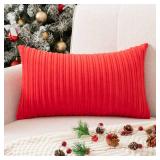 UGASA 14x24 Inch Christmas Pillow Cover Pack of 1 Soft Boho Stripe Corduroy Long Rectangle Lumbar Cushion Case Farmhouse Decorative Pilowcase for Bed, Couch, Sofa, Bedroom, Living Room, Red