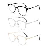 MMOWW 3 Pack Square Blue Light Blocking Reading Glasses Metal Frame Spring Hinges Computer Readers for Men Women, Black/Gold/Silver +3.0
