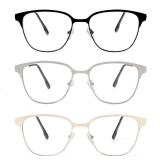 MMOWW 3 Pack Square Blue Light Blocking Reading Glasses Metal Frame Spring Hinges Computer Readers for Men Women, Black/Gold/Silver +3.0