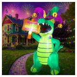 Leyndo 8ft Huge Mardi Gras Alligator Inflatable Mardi Gras Inflatable Outdoor Decoration Crocodile with Crown Mask Necklace LED Lights Blow up for Yard Garden Lawn Carnival Outdoor Celebration Decor