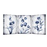 KREATIVE ARTS 3 Pieces Canvas Wall Art Navy Blue and Grey Flower Painting Art Prints Vintage Floral Picture Artwork Modern Bedroom Bathroom Wall Decor Framed Ready to Hang Each Panel 12x16 Inches