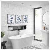 KREATIVE ARTS 3 Pieces Canvas Wall Art Navy Blue and Grey Flower Painting Art Prints Vintage Floral Picture Artwork Modern Bedroom Bathroom Wall Decor Framed Ready to Hang Each Panel 12x16 Inches