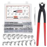 AKIHISA 360Pcs 16 Sizes Single Ear Hose Clamps, 5.3-36.1mm Stainless Steel_304 Crimp Hose Clamps Cinch Rings Assortment Kit for Automotive, Pipe, Plumbing