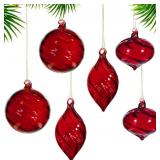 6 PCS Glass Christmas Ball Ornaments, Hand Blown Ornaments Hanging Balls,Glass Xmas Tree Home Wedding Birthday Party Holiday Decorative Set (Red)
