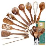 Kitchen Utenails Set with Holder,Kitchen Wooden Utensils for Cooking, Wood Utensil Natural Teak Wood Spoons for Cooking,Wooden Kitchen Utensil Set With Spatula and Ladle (11)