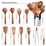 Kitchen Utenails Set with Holder,Kitchen Wooden Utensils for Cooking, Wood Utensil Natural Teak Wood Spoons for Cooking,Wooden Kitchen Utensil Set With Spatula and Ladle (11)