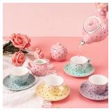 Tea Set Girls Porcelain Tea Set for Little Girls Tea Set for Little Girls Polka Dot Design and Colorful Color with for Boy and Gril Birthday Party Or Gift Life