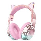 QearFun Kids Cat Ear Bluetooth Headphones, 60H Playtime, 74/85/94dB Safe Volume Limit, Metallic Gradient Wireless Headset with Mic, Fast Charging, Foldable, Wired Mode for Girls School/Tablet/Travel