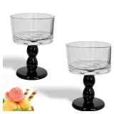 Riadyet Set of 2 Vintage Embossed Footed Glass Dessert Bowls Elegant and Durable Serveware for Ice Cream, Trifle, Salad, Candy, and Cake, Perfect for Home, Parties, and Weddings (Black)