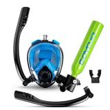 GOYOJO Scuba Tank and Snorkel Mask Combo, 0.5L Green Portable Mini Diving Oxygen Cylinder with 5-10 Mins of Underwater Breathing, Full-face Diving Mask, Underwater Breath System