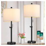 Kondras Table Lamp for Bedroom Set of 2, 23\" to 30\" Height Adjustable Bedside Lamp with 2 USB Ports, Black Nightstand Lamp with White Shade, Modern Pull Chain Table Lamp for Living Room End Table