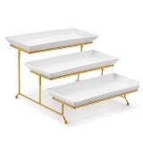 MALACASA 3 Tier Serving Trays for Party, 14 Inch Porcelain White Trays for Serving Food, Dessert Stand with Collapsible Gold Metal Rack