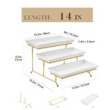 MALACASA 3 Tier Serving Trays for Party, 14 Inch Porcelain White Trays for Serving Food, Dessert Stand with Collapsible Gold Metal Rack