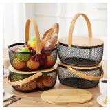 e essco for you 4 Pcs Metal Mesh Fruit Basket with Lid Oval Wire Mesh Storage Basket with Handle 10.2 x 7.7 x 3.9 Inch Stackable Wire Garden Baskets Pantry Organizer for Fruit Vegetable Kitchen, Black
