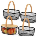 e essco for you 4 Pcs Metal Mesh Fruit Basket with Lid Oval Wire Mesh Storage Basket with Handle 10.2 x 7.7 x 3.9 Inch Stackable Wire Garden Baskets Pantry Organizer for Fruit Vegetable Kitchen, Black