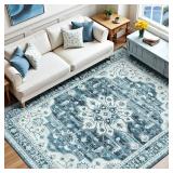 Vibrug 5x7 Coastal Blue White Area Rugs for Living Room - Vintage Boho Medallion Aesthetic Distressed Washable Rug, Soft Non-Slip Backing Low Pile Carpet for Office, Lounge, Bedroom Foot of Bed
