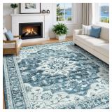 Vibrug 5x7 Coastal Blue White Area Rugs for Living Room - Vintage Boho Medallion Aesthetic Distressed Washable Rug, Soft Non-Slip Backing Low Pile Carpet for Office, Lounge, Bedroom Foot of Bed