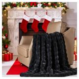 Lotus Karen Faux Fur Throw Blanket Black - Big Bubble Rabbit Fluff Blanket for Couch, Small Fluffy Fuzzy Cozy Blanket, Thick Furry Plush Shaggy Blankets, 50x60 Inches