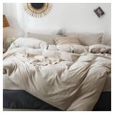 MooMee Bedding Duvet Cover Set 100% Washed Cotton Linen Like Textured Breathable Durable Soft Comfy (Heathered Tannish Linen Grey, Queen 90\"x90\")