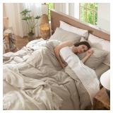 MooMee Bedding Duvet Cover Set 100% Washed Cotton Linen Like Textured Breathable Durable Soft Comfy (Heathered Tannish Linen Grey, Queen 90\"x90\")