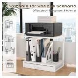 METYERRY 2-Tier Desktop Printer Stand and Storage Shelf, Home Office Desk with Fabric Drawer, Organizer for 3D Printer, Fax Machine, Scanner, Compact Size 17.3\"x11.8\" Printer Stand for Desk, White