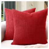 Softalker Throw Pillow Covers 16x16 Inch, Set of 2, Soft Corduroy Boho Stripe Decorative Pillow Cover, Couch Fluffy Pillow Cover for Farmhouse Home Decor Bed Living Room, Red