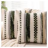 WANLIRD Boho Throw Pillow Covers 18x18 Set of 2 Christmas Decorative Cushion Case Striped Square Pillows Cover Chenille Pillow Cases Accent Neutral Pillowcase for Sofa Couch Bed,Dark Green