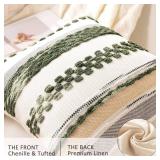 WANLIRD Boho Throw Pillow Covers 18x18 Set of 2 Christmas Decorative Cushion Case Striped Square Pillows Cover Chenille Pillow Cases Accent Neutral Pillowcase for Sofa Couch Bed,Dark Green