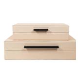 Set of 2 Light Pink Shagreen Decorative Boxes with Black Metal Handles, Faux Leather Nesting Decor Storage Boxes with Lid, Modern Keepsake Box, Stacking Jewelry Memory and Photo Box for Home Decor