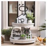 Houmury Rustic Farmhouse Tiered Tray Set with Succulent & Plant - Home Decor for Kitchens (Set of 8 Without Trays)