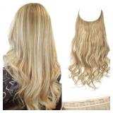 SARLA Invisible Wire Hair Extensions with 3 Clips Long Synthetic Wavy Curly Hairpiece Adjustable Transparent Headband for Women 22 Inch Dirty Blonde Highlights