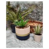 Modern Color Block Ceramic Planters with Artificial Plants Set