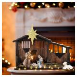 Cinnvoice 14 x 11 Christmas Wooden Nativity Stable with Fence and Roof Star Nativity Manger Nativity Scene Set 2 Simulated Withered Grass with Light String Nativity Stable Creche (Without Figurines)