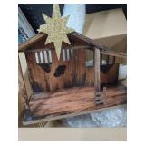 Cinnvoice 14 x 11 Christmas Wooden Nativity Stable with Fence and Roof Star Nativity Manger Nativity Scene Set 2 Simulated Withered Grass with Light String Nativity Stable Creche (Without Figurines)