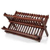 VERTORGAN Teak Dish Drying Rack,Folding Collapsible Drainer Plate Organizer Holder for Kitchen,Foldable Spice Rack for Countertop and Cabinet,Pantry Organization and Storage