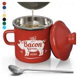 PGYARD Mini Bacon Grease Container With Strainer - 15OZ Enamel Grease Saver, Farmhouse Bacon Grease Keeper For Kitchen Fat Storage, Dishwasher Safe-Red