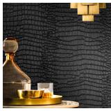 Fititem Black Peel and Stick Wallpaper 236inL 17.3inW Black Contact Paper for Cabinets Removable Textured Modern Crocodile Self Adhesive Wallpaper for Bedroom Bathroom Waterproof Leather Contact Paper